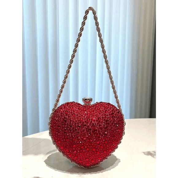 ❤️💎 Jeweled Sparkling Rhinestone Red Heart Shaped Chain Clutch Purse Bag NEW - Picture 12 of 16